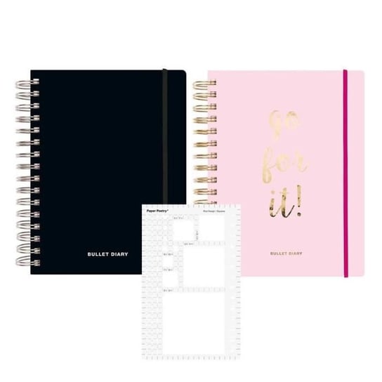 2 pamiętniki w kolorze różowym i czarnym, spiralne, 96 kartek + kwadratowy szablon Youdoit