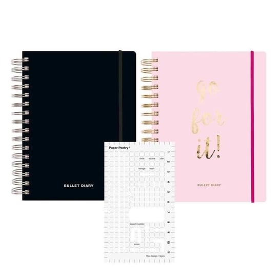 2 pamiętniki w kolorze różowym i czarnym, spiralne, 96 kartek + szablon ze strzałkami i kształtami Inna marka