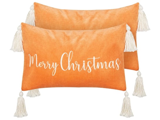 2 poduszki z frędzlami motyw świąteczny welurowe 30 x 50 cm pomarańczowe LITHOPS Beliani