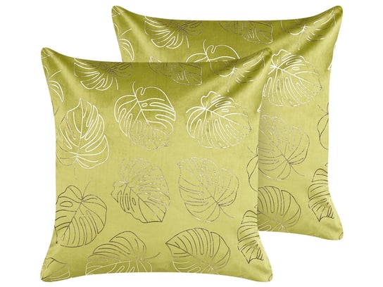 2 welurowe poduszki dekoracyjne w liście 45 x 45 cm jasnozielone MONSTERA Beliani