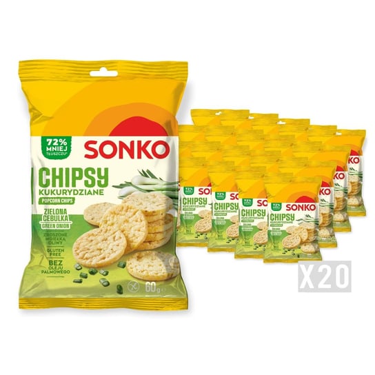 20x SONKO Chipsy kukurydziane o smaku zielonej cebulki 60g Sonko