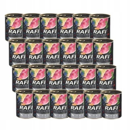 24x Karma mokra dla psa RAFI z szynką żołądkami wołowymi borówką żurawiną 800 g Rafi