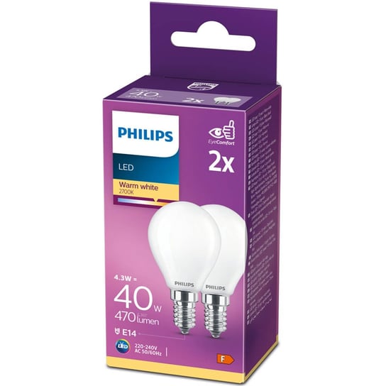 2PAK Żarówka LED E14 P45 4,3W = 40W 470lm 2700K Ciepła Filament PHILIPS Philips
