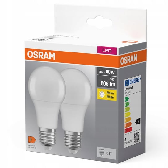 2PAK Żarówka LED E27 A60 8,5W = 60W 806lm 2700K Ciepła 300° OSRAM Base Osram