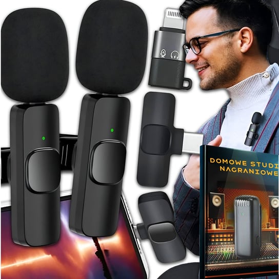 2X Mikrofon Bezprzewodowy Krawatowy Odbiornik Usb-C + Adapter Do Iphone Slayo