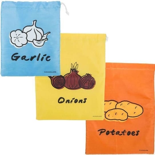 3 materiałowe torby do przechowywania żywności: czosnek, cebula, ziemniaki. Youdoit