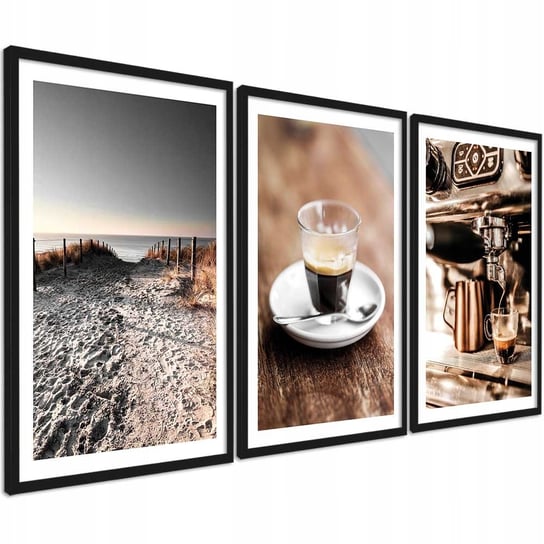 3 obrazy na ścianę w ramie do kuchni, tryptyk zestaw 3 x 30x40 cm kawa PosterPlanet