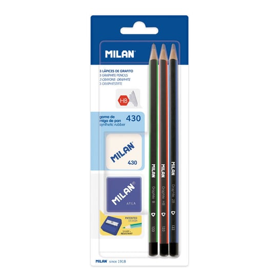 3 Ołówki Trójkątne+Gumka 430+Temperówka Milan