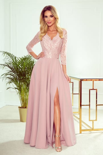 309-4 AMBER elegancka koronkowa długa suknia z dekoltem - PUDROWY RÓŻ XL Numoco