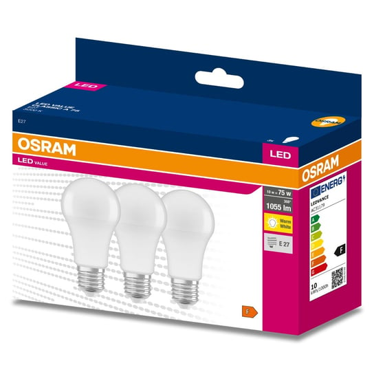 3PAK Żarówka LED E27 A60 10W = 75W 1055lm 3000K Ciepła 200° OSRAM VALUE Osram