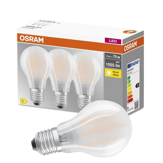 3PAK Żarówka LED E27 A60 7,5W = 75W 1055lm 2700K Ciepła 300° Filament OSRAM BASE Osram