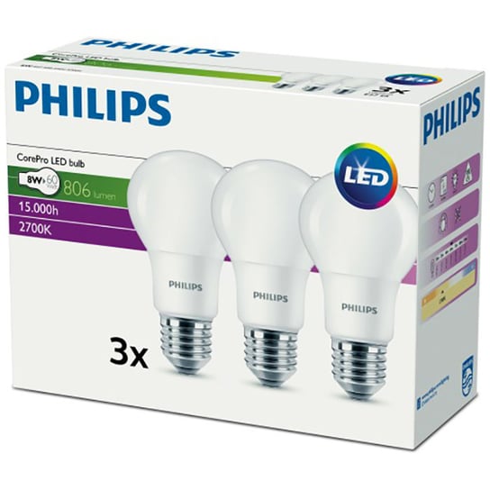 3PAK Żarówka LED E27 A60 8W = 60W 806lm 2700K Ciepła 300° PHILIPS CorePro Philips