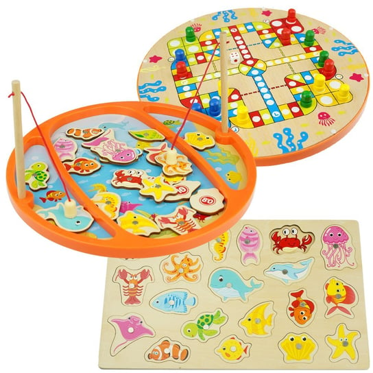 3W1 Gra rodzinna Chińczyk , Łowienie Rybek na wędkę oraz puzzle KinderSafe