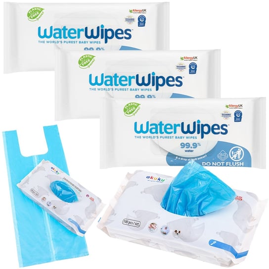 3x Chusteczki nawilżane WaterWipes Bio 60szt. + AKUKU Pachnące woreczki na zużyte pieluszki Water Wipes
