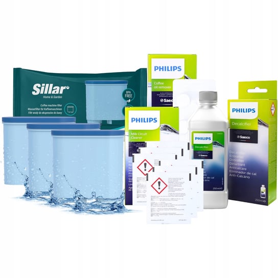 3x filtr, odkamieniacz, tabletki, zestaw do czyszczenia ekspresu Saeco Philips Sillar