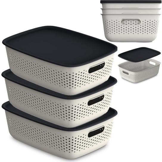 3X Pojemnik Plastikowy Ażurowy Pudełko Z Pokrywą Pojemniki Box 10L Beżowy EDANTI