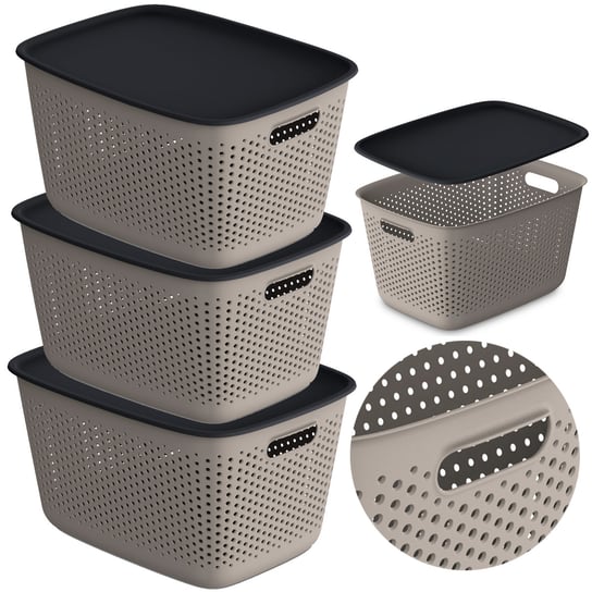 3X Pojemnik Plastikowy Ażurowy Pudełko Z Pokrywą Pojemniki Box 17L Jasnobrązowy EDANTI