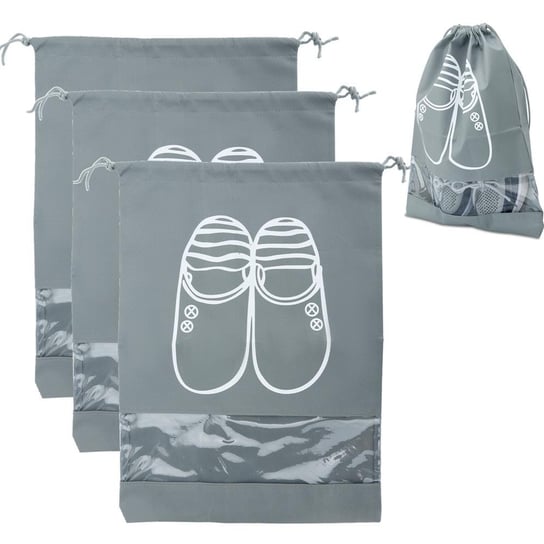 3x torby na buty w kolorze SZARYM - zestaw 3 toreb na buty z przezroczystym okienkiem i sznurkiem z włókniny odpornej na kurz i wodę - organizer do przechowywania obuwia Intirilife