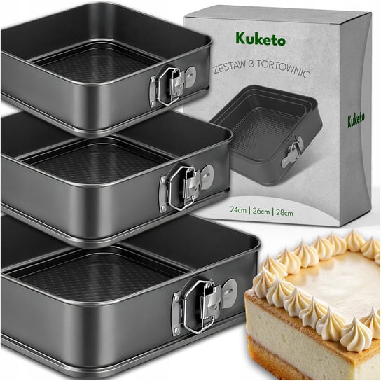 3x TORTOWNICA ZESTAW KWADRAT DO PIECZENIA CIAST BLACHA NON-STICK 24/26/28CM Kuketo