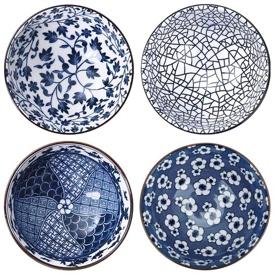 4-częściowy zestaw misek w eleganckim pudełku prezentowym - japońska porcelana stołowa w kolorze niebieskim i białym Intirilife