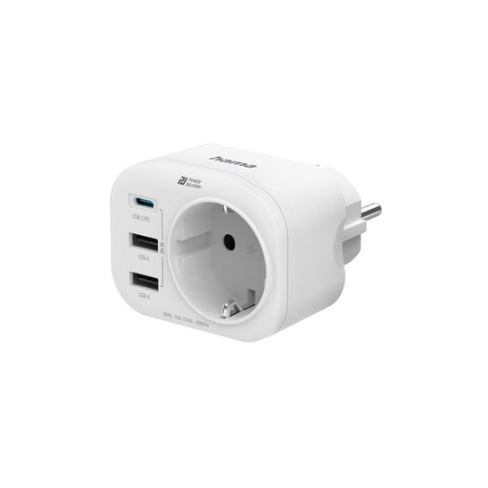 4-Way Multi-Adapter for Socket, 1 USB-C PD, 2 USB-A, 1 Earthed Contact, 20W Hama