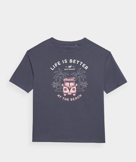 4F, T-shirt F1146, Life is better at the beach, antracytowy, rozmiar 158 4F