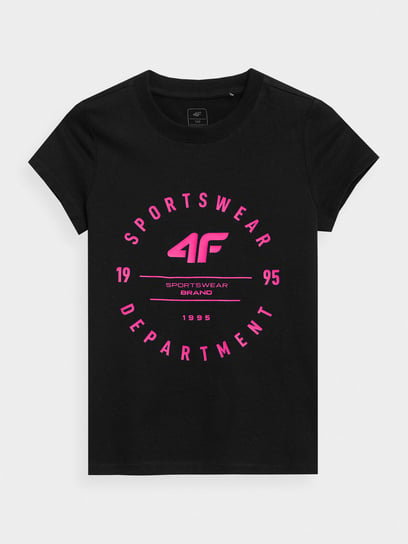 4F, T-shirt z nadrukiem dziewczęcy, 4FJSS23TTSHF280-20S, Czarny, Rozmiar 152 4F