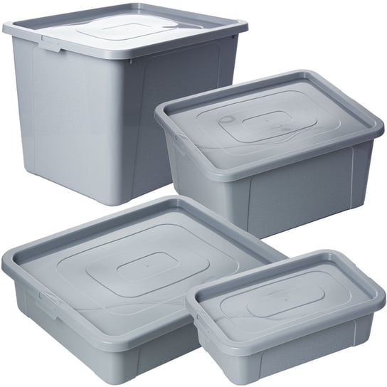 4X Pojemnik Pudło Plastikowe Pojemniki Z Pokrywą Multibox Szary 4,5L, 10L, 20L, 30L EDANTI