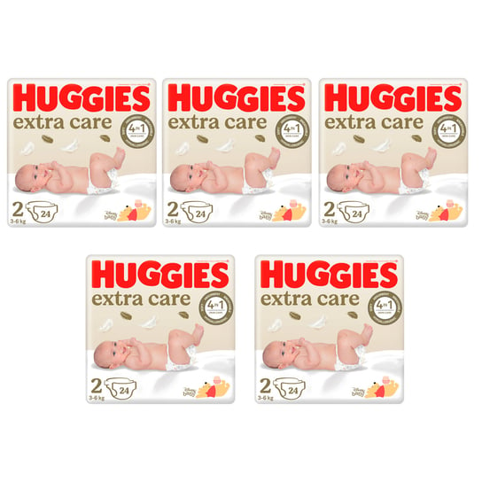 5X Pieluchy Huggies Extra Care 2 (3-6Kg) 24 Szt Huggies