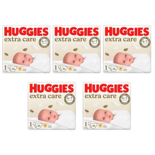 5X Pieluszki Huggies Extra Care Newborn Rozmiar 1 (2-5Kg) 26 Szt Huggies