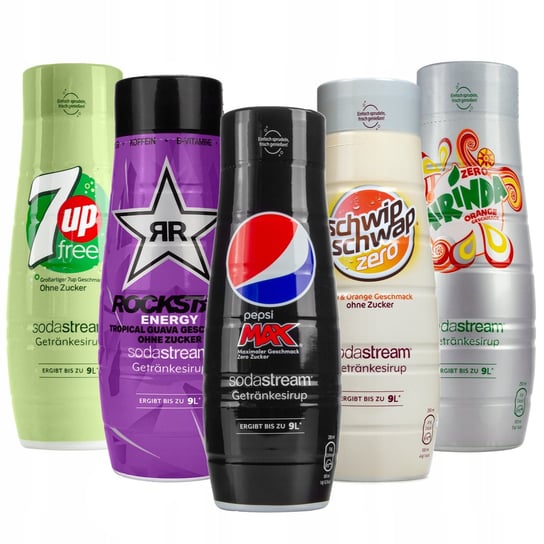 5x Syrop Do Soda Stream Zero Mirinda, Rockstar Energy Guava, 7 Up,pepsi Max, Schwip Schwap Bez Cukru 440 Ml SodaStream