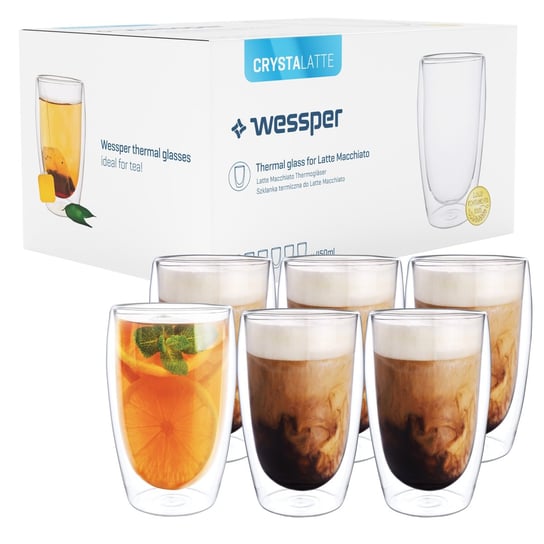 6X Szklanka Termiczna Z Podwójnym Szkłem 450Ml Wessper Crystallatte, Caffe Latte Wessper