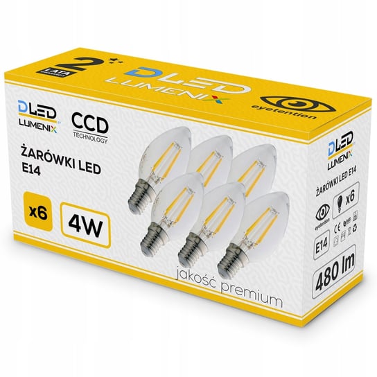 6x Żarówka E14 LED FILAMENT Edison OZDOBNA Świeczka 480lm 4W CIEPŁA DLed