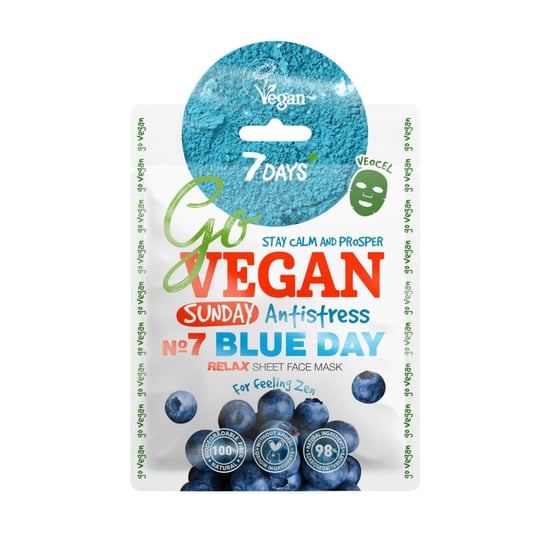 7Days, GoVegan, oczyszczająca i usuwająca oznaki stresu maska w płachcie Sunday BLUE DAY, matcha, ekstrakt jagody i agawy, oraz Lotosu, 25 g 7Days