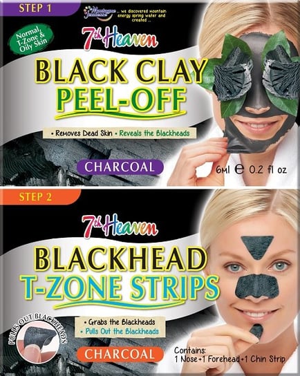 7th Heaven, Charcoal Duo Black Clay Peel-Off węglowa maseczka do twarzy 6ml + Blackhead T-Zone Strips paski niwelujące zaskórniki 3szt 7th Heaven