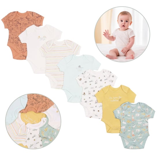 7x Pastelowe body z krótkim rękawkiem, zwierzątka, OEKO-TEX 0-3 m 62 cm sarcia.eu