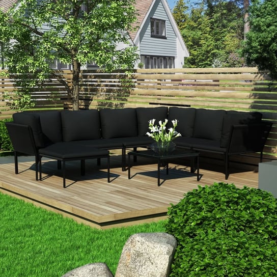 8-cz. zestaw wypoczynkowy do ogrodu, z poduszkami, PVC, czarny vidaXL