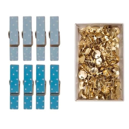 8 niebieskich magnetycznych spinaczy do bielizny 3,5 cm + 150 złotych pinezek Youdoit