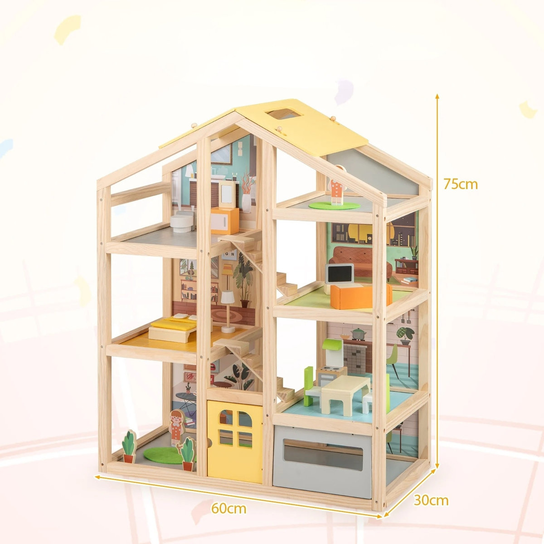 Drewniany domek dla lalek z meblami Rodzinny domek do zabawy - COSTWAY ...