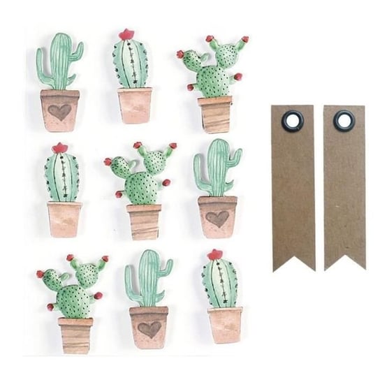 9 naklejek 3D Meksykański Kaktus 4,5 cm + 20 etykiet kraftowych z proporczykami Youdoit