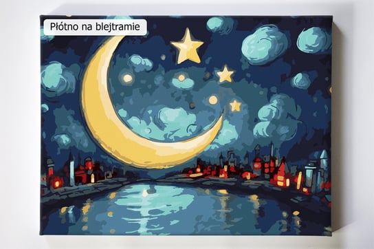 a’la Van Gogh cz.2, Vincent, księżyc, miasto, noc, rzeka, gwiazdy, malowanie po numerach Akrylowo