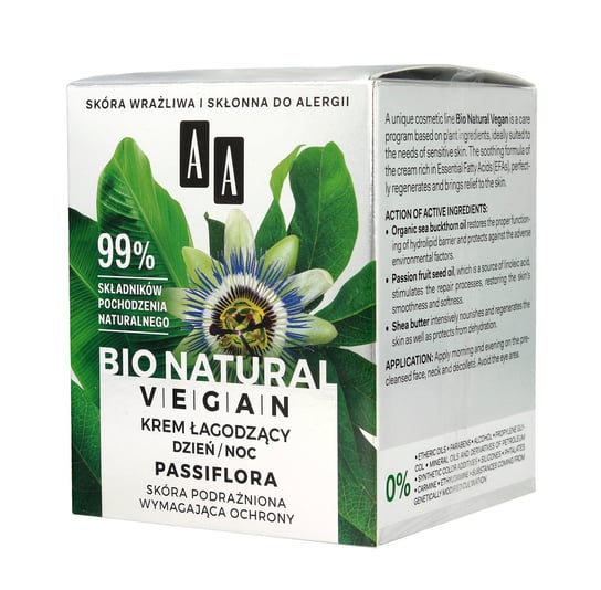 AA Bio Natural Vegan, krem łagodzący Passiflora, na dzień i noc, 50 ml AA
