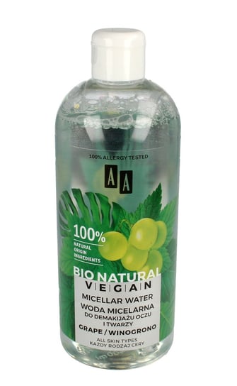 AA, Bio Natural Vegan, woda micelarna do demakijażu twarzy i oczu Winogrono, 400 ml AA