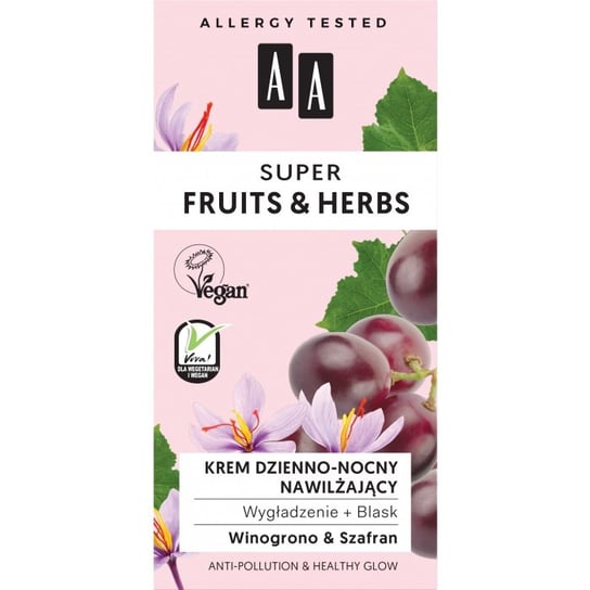 AA, Super Fruits & Herbs, krem nawilżający dzienno-nocny wygładzenie + blask Winogrono & Szafran, 50 ml AA