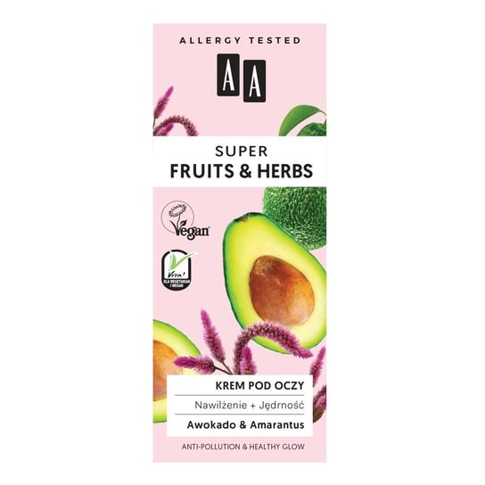 AA, Super Fruits & Herbs, krem pod oczy nawilżenie + jędrność Awokado & Amarantus, 15 ml AA