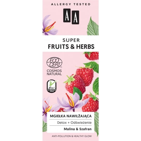 AA, Super Fruits & Herbs, mgiełka nawilżająca detox + odświeżenie Malina & Szafran, 50 ml AA