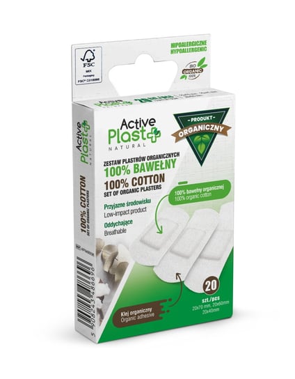Active Plast, Plastry opatrunkowe BIO ze 100% bawełny organicznej, 10-2x7 cm, 5-6x2cm, 5-4x2cm, 20 sztuk Active Plast