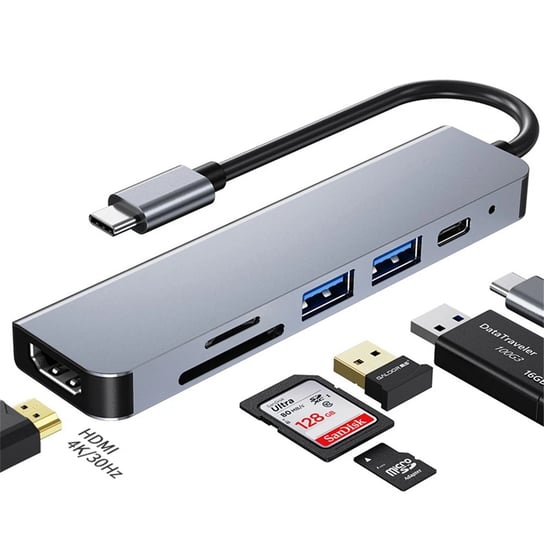 Adapter 6w1 USB-C HDMI 4K30hz USB C USB3.0 USB2.0 + SD/TF Just link hub Bounn