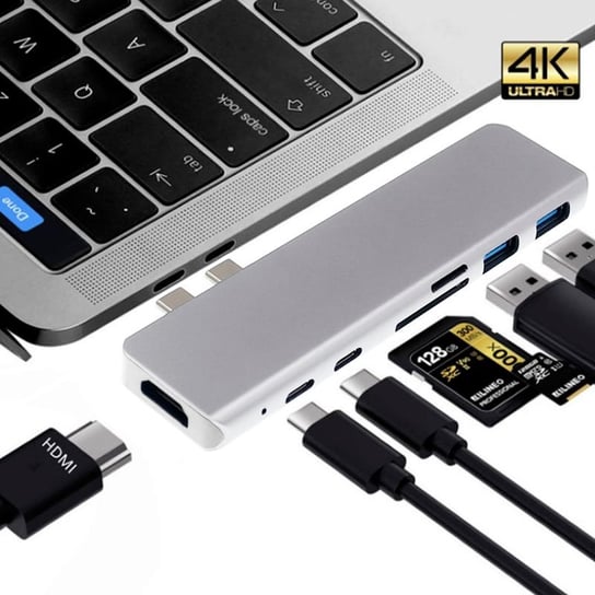 Adapter 7w1 HUB USB-C HDMI 4K SD Macbook Pro / Air - Srebrny Inny producent