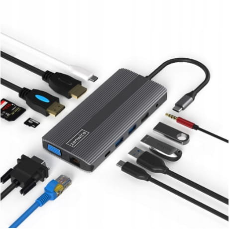 Adapter, Zenwire, Hub 12w1 USB-C HDMI/VGA/Dp/USB/Jack/SD/LAN Do Macbook Pro Air M1 Zenwire